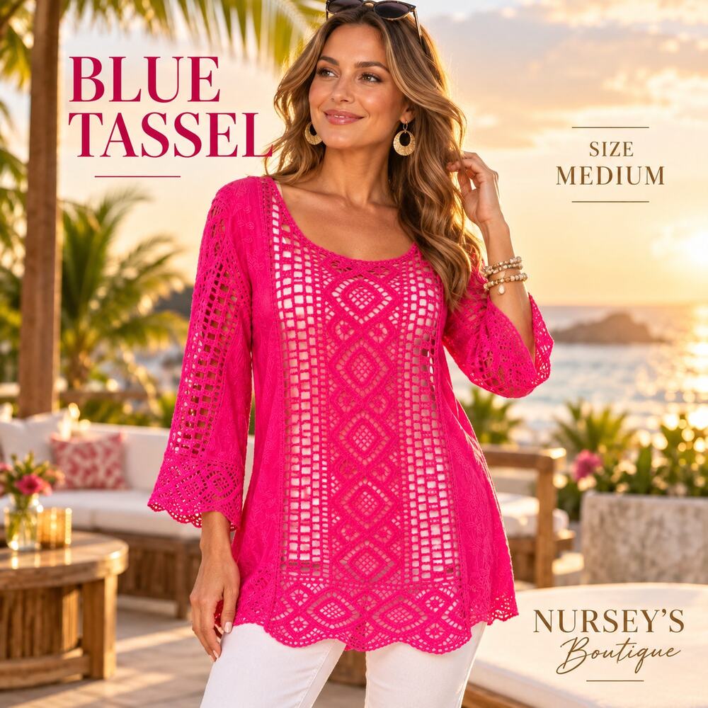 Anthropologie Blue Tassel Shavonne Pink Crochet Lace Tunic Top Medium